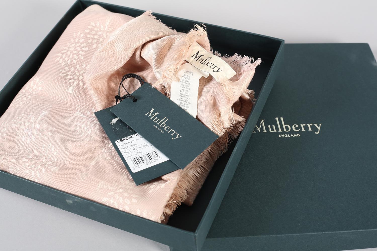 A Mulberry silk-cotton Tree square scarf in rosewater, with tags and original box, condition: