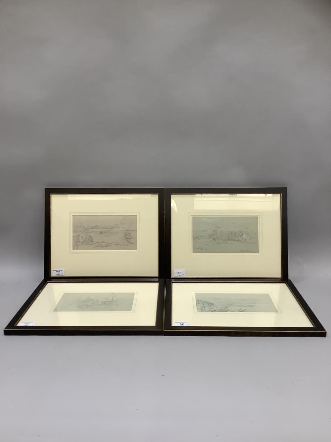 A set of four 19th century pencil drawings mountainous coastal landscapes, ruins and architectural