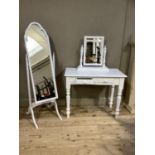 A white finished dressing table with two drawers across, a toilet mirror and a cheval mirror all