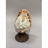 A shell lamp, the body with carved cameo panel of a female charioteer, on wooden plinth base, 16.5cm