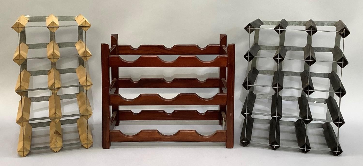 A mahogany two tier wine rack and a small section of pine and metal wine racking (3)