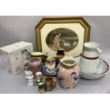 Colour print Feeding Swans, perpetual calendar, boxed dinner service, jug and toilet bowl, another