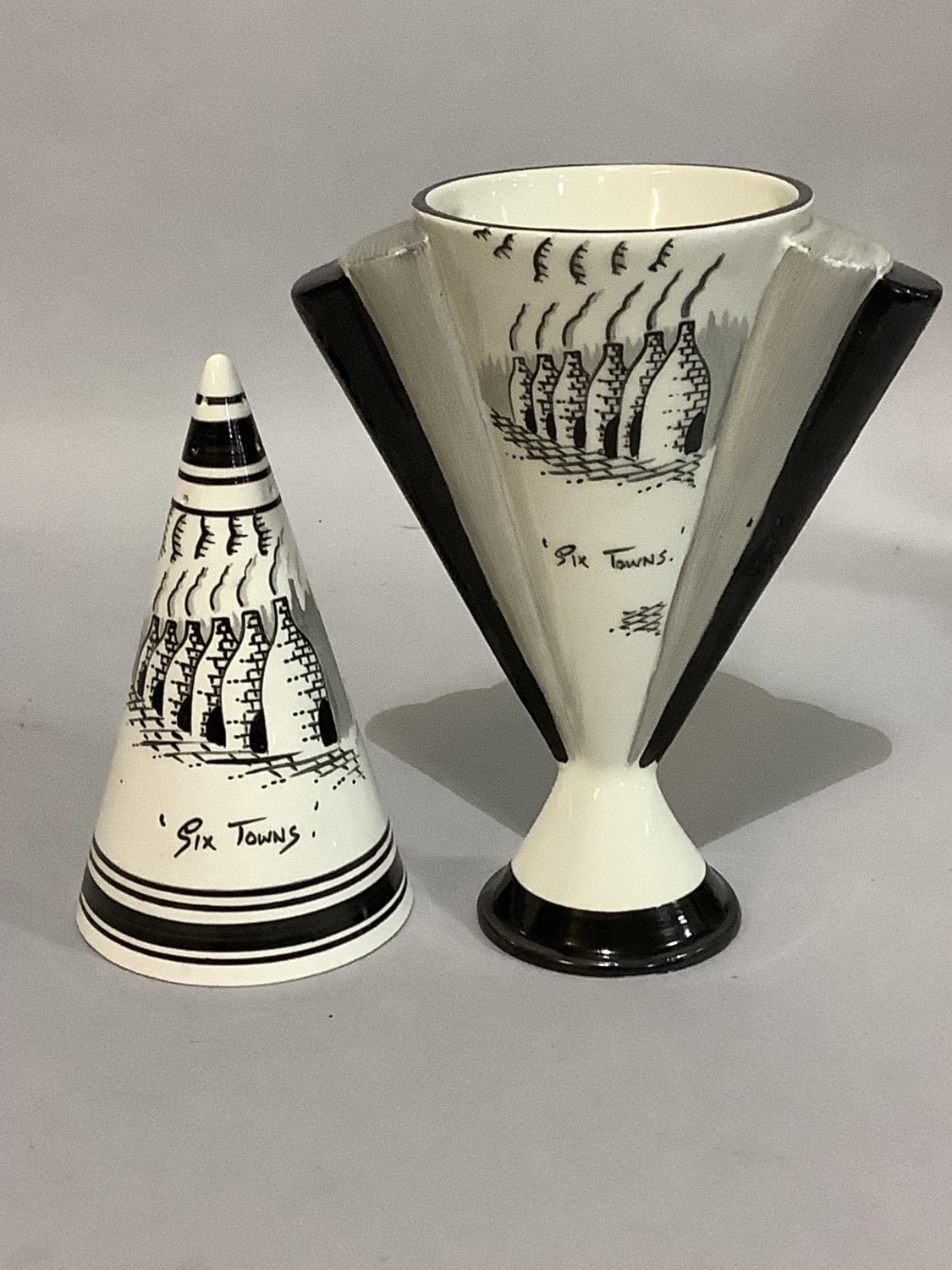 A Dean Sherwin Six Towns vase no. 4 of 50, together with a conical sugar sifter painted again with