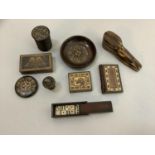 A quantity of treen including Tunbridge ware stamp box, reeded drum container, needle case, box,