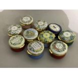 Ten various enamel boxes of circular outline variously decorated