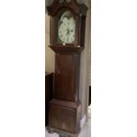 Early 19th century oak longcase clock having an arched dial painted with a moon phase to the arch