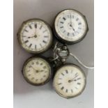 Four 19th century or early 20th century fob watches all in open faced silver cases, with enamelled