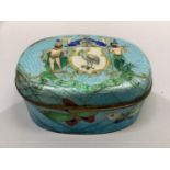 A 19th century gin bari enamelled box and cover, the turquoise ground worked with an armorial