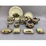 A collection of Torquay ware, earthenware with ream slip painted in green, brown and blue