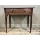 A 19th century mahogany side table having a frieze drawer, angle brackets and on square tapered legs