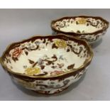 A pair of Masons ironstone fruit bowls on pedestal foot of brown velvet pattern, 27cm diameter x