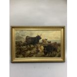 Late 19th/early 20th century English school, Highland cattle and calves in a lake and mountain