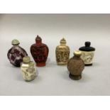 Six various Chinese snuff bottles in horn, walnut shell, cameo glass, resin, horn and cinnabar resin