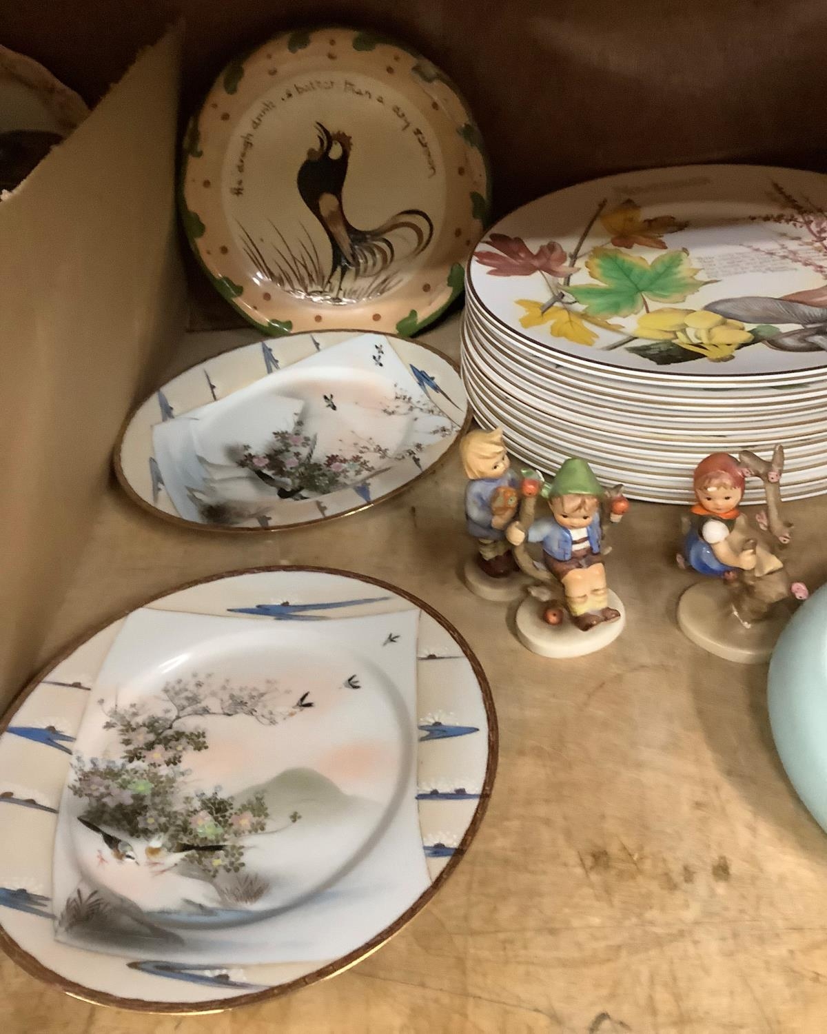 Clarice Cliff blue glaze posy ring, four Hummel figures, Japanese egg shell plates, a motto ware