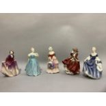 Five Royal Doulton figures viz: Enchantment HN2178, Hilary HN2335, Top of the Hill HN1834,