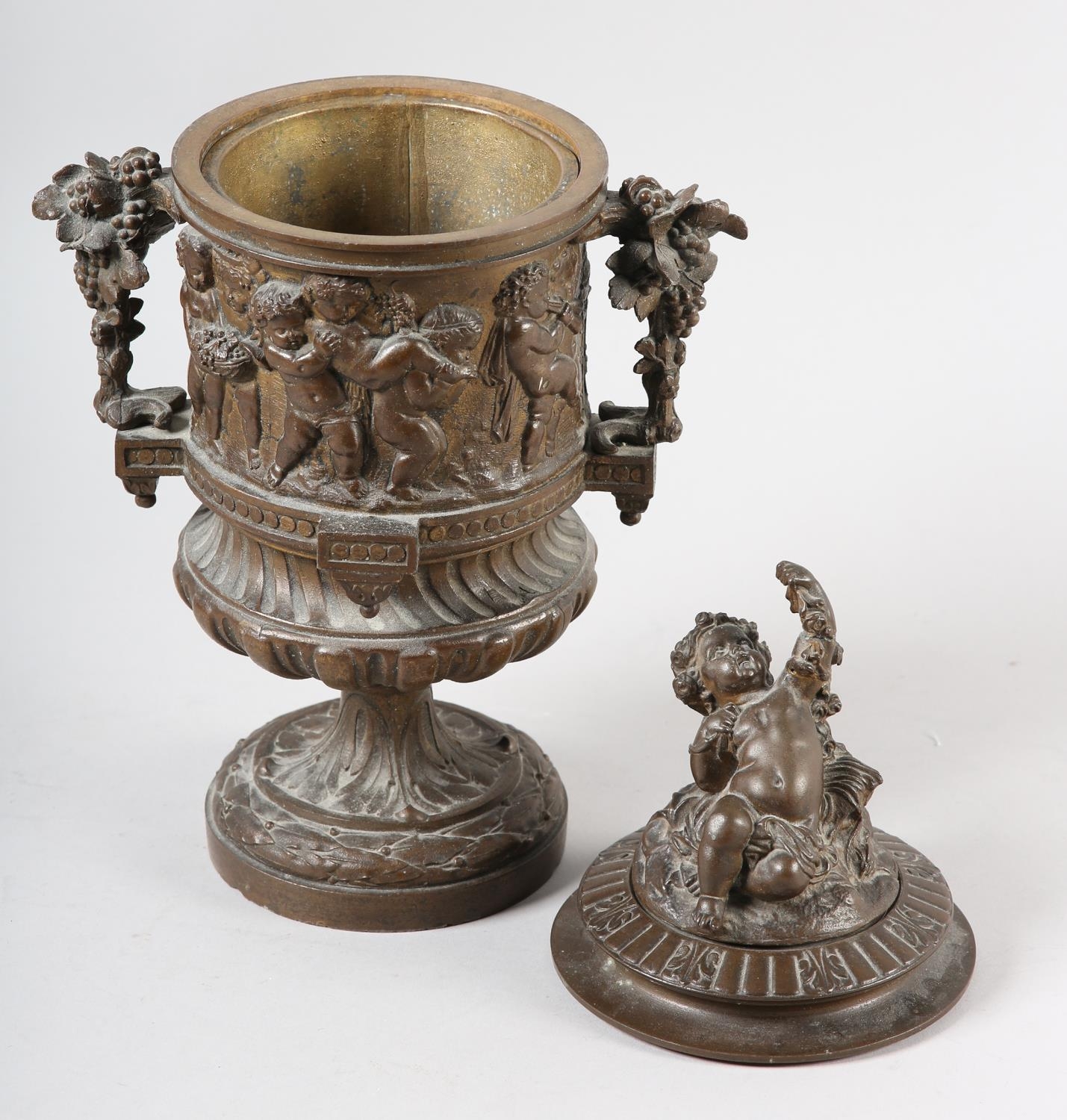 A 19TH CENTURY BRONZED METAL BACCHANALIAN TWO HANDLED CUP AND COVER, having a figural finial, the - Image 4 of 4