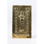 AN ARTS AND CRAFTS BRASS PLAQUE, rectangular, embossed with full portrait of a female singer above