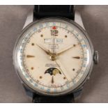A NIVIA GENTLEMAN'S DAY, DATE, MONTH AND MOON PHASE WRISTWATCH c.1945, in stainless steel case no.