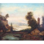 19TH CENTURY EUROPEAN SCHOOL, classical valley landscape with lake, oil on canvas, unsigned, 42cm