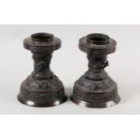 A PAIR OF JAPANESE BRONZE TABLE LAMP BASES, Meiji period, the baluster pedestal cast in high and low