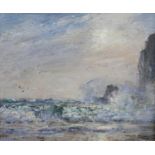 ARR HERBERT F ROYLE (1870-1958), waves breaking over the rocks, coastal seascape, oil on board,