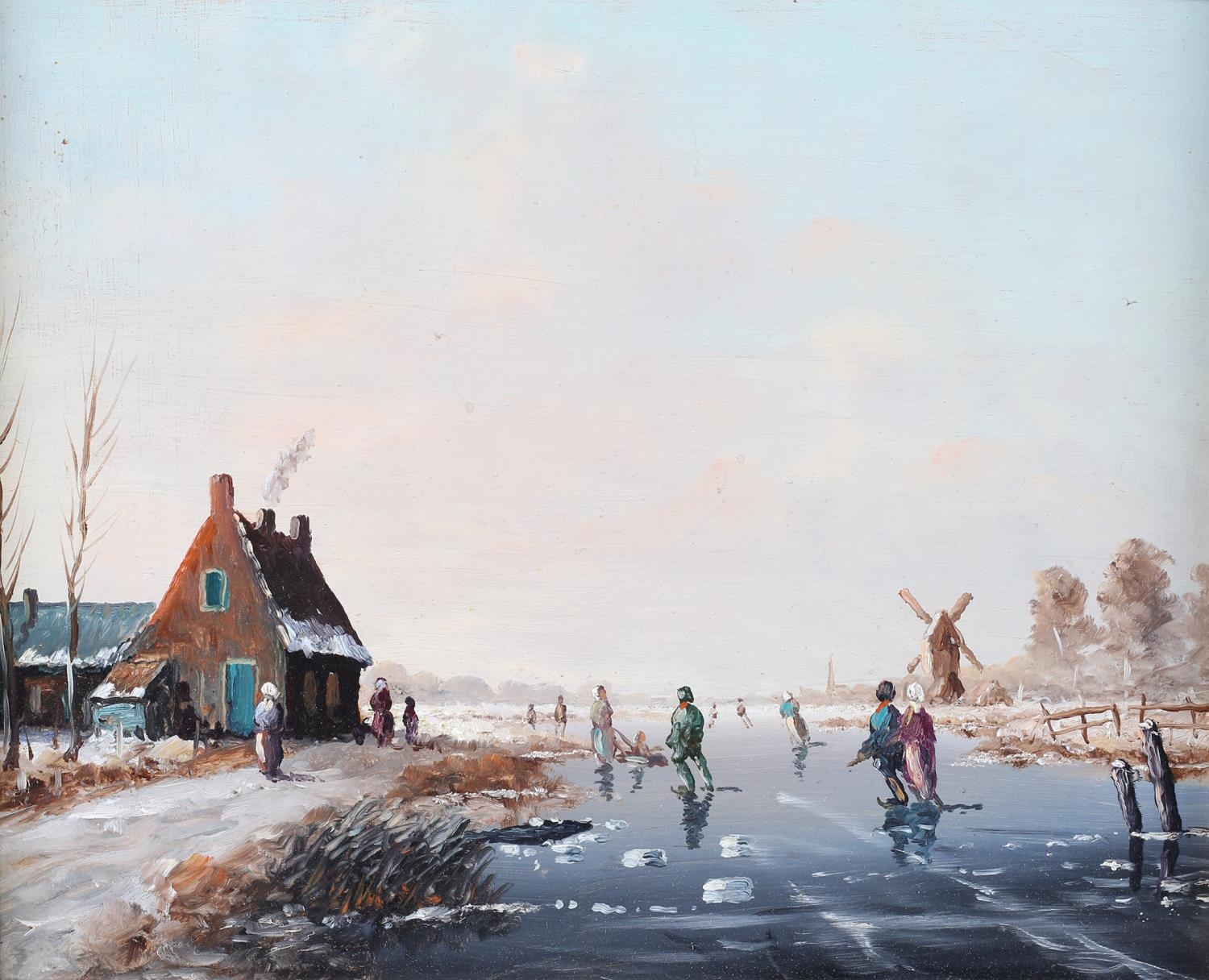 DUTCH SCHOOL 20th Century, figures skating on a frozen river, cottages and windmill, oil on board,