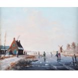 DUTCH SCHOOL 20th Century, figures skating on a frozen river, cottages and windmill, oil on board,