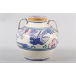 A CARTER STABLER ADAMS POOLE POTTERY TWO-HANDLED URN VASE, of blue bird pattern red earthenware