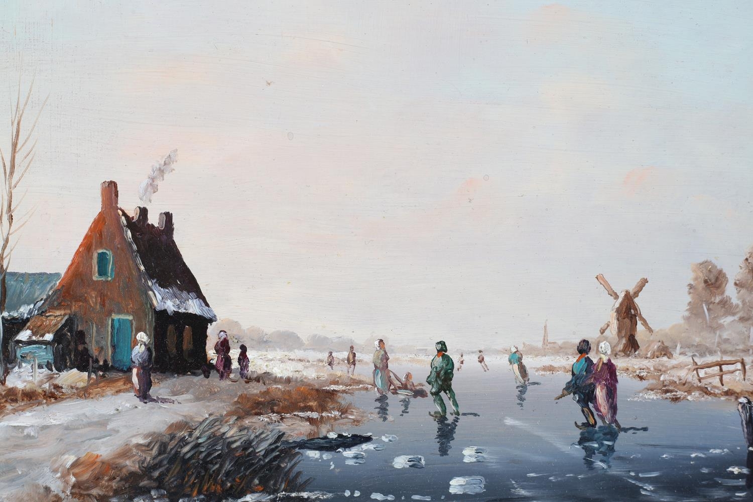 DUTCH SCHOOL 20th Century, figures skating on a frozen river, cottages and windmill, oil on board, - Image 3 of 5