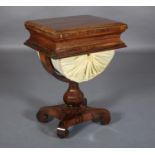 A REGENCY ROSEWOOD GAMES AND WORK TABLE, the rectangular chamfered fold-over top lined with baise