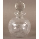 A STEVENS & WILLIAMS GLOBULAR GLASS SCENT BOTTLE, etched and cut with a cherub holding a garland