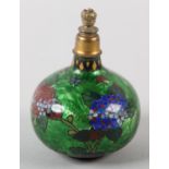 AN ART NOUVEAU GREEN ENAMEL GLOBULAR SCENT BOTTLE with ruby and cobalt blue leafage and coronet