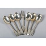 A MATCHED SET OF SIX 19TH CENTURY FIDDLE AND THREAD SILVER DESSERT SPOONS AND A FORK, engraved