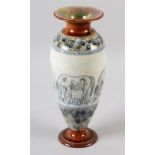 A ROYAL DOULTON STONEWARE VASE BY HANNAH BARLOW, having a broad rim, the ovoid body incised with a