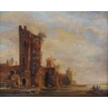 LATE 18TH/EARLY 19TH CENTURY EUROPEAN SCHOOL, coastline with ruined castle, windmill, figures and