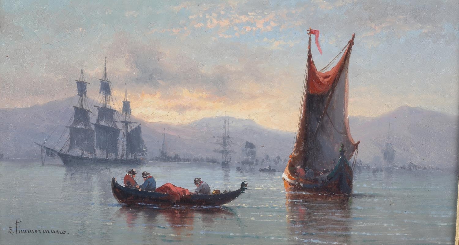 LOUIS ETIENNE TIMMERMANS (Belgium 1846-1910), First light, shipping off the Italian coast, oil on
