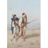 FILIPO INDONI (Italian 1842-1908), two Arab men with muskets, in a desert landscape, watercolour,