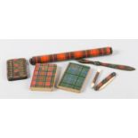 A VICTORIAN TARTAN WARE SCORE BOARD WITH TWO BONE PEGS 7.25cm x 5cm, two books, Our Native Songs (