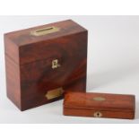 A 19TH CENTURY APOTHECARY'S FIGURED MAHOGANY BOX, inset brass handles, the interior fitted with four