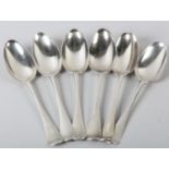 A SET OF SIX GEORGE II SILVER TABLESPOONS, Elias Cachart, London 1755, engraved with crest,