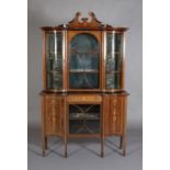 A LATE VICTORIAN MAHOGANY SATINWOOD AND HAREWOOD CROSSBANDED INLAID DISPLAY CABINET, having a broken