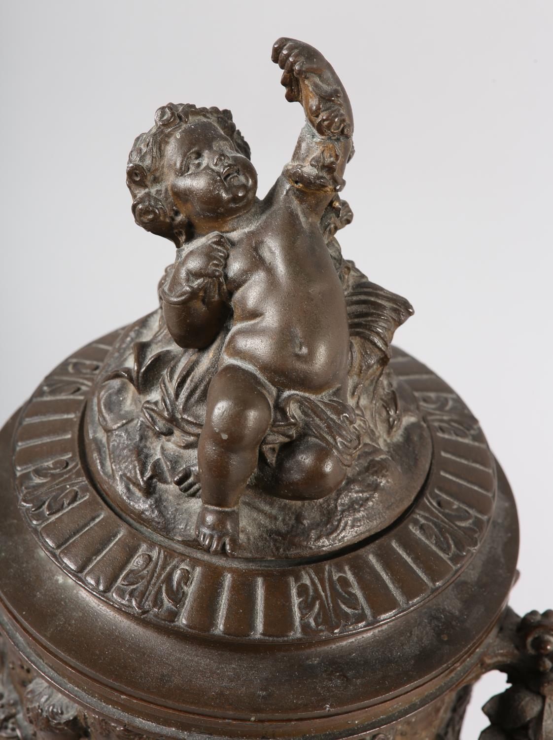 A 19TH CENTURY BRONZED METAL BACCHANALIAN TWO HANDLED CUP AND COVER, having a figural finial, the - Image 3 of 4