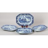 FOUR CHINESE EXPORT BLUE AND WHITE MEAT DISHES, 18th century, each painted with river and island