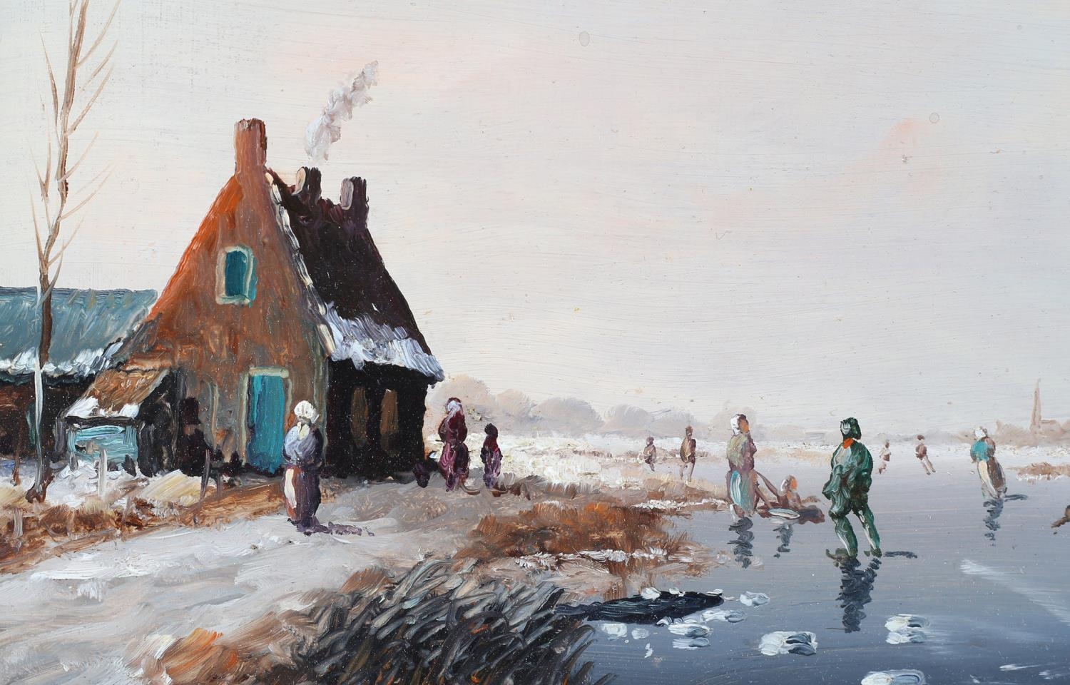 DUTCH SCHOOL 20th Century, figures skating on a frozen river, cottages and windmill, oil on board, - Image 4 of 5