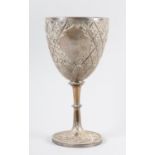 A VICTORIAN SILVER TROPHY GOBLET, maker Daniel & Charles Houle, London 1866, the cup embossed with