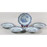 A SET OF FIVE CHINESE BLUE AND WHITE SAUCER DISHES, late 18th century, of octagonal outline, painted