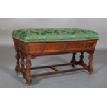 A VICTORIAN MAHOGANY DUET STOOL HAVING ON UPHOLSTERED LIFT UP SEAT, above indented panels, on triple