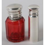 A VICTORIAN OCTAGONAL RUBY GLASS SCENT BOTTLE with silver collar and hinged top, Birmingham 1892,