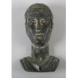 A ROMAN BRONZE SENATORIAL BUST, with well defined features hair curls and head band, wearing a toga,