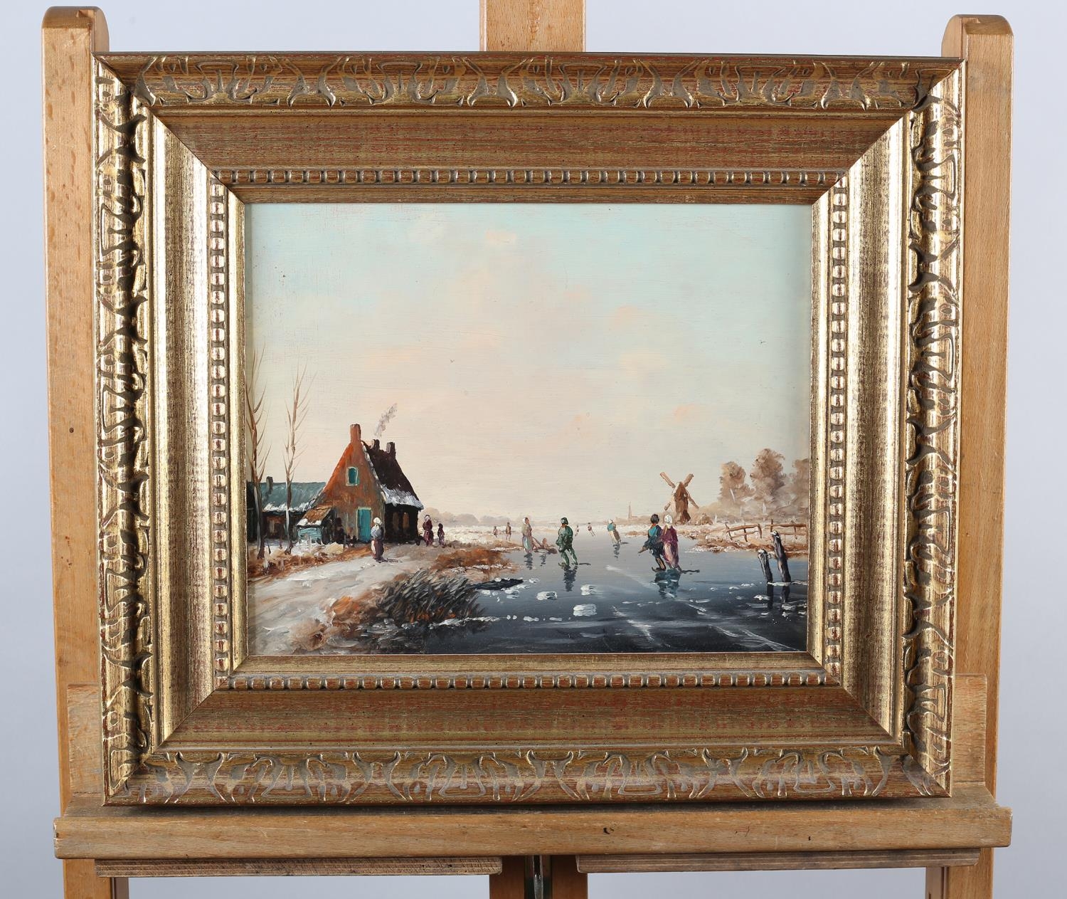 DUTCH SCHOOL 20th Century, figures skating on a frozen river, cottages and windmill, oil on board, - Image 2 of 5